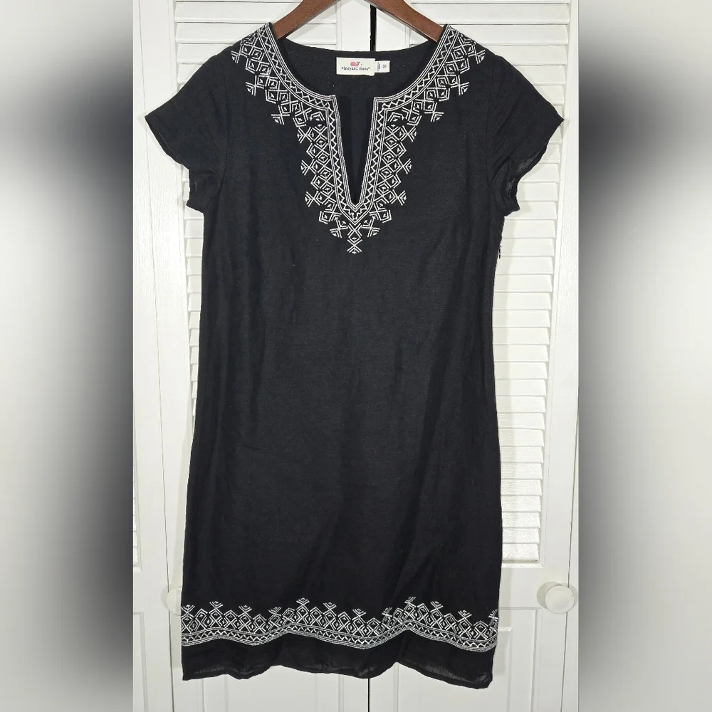 Vineyard Vines Holiday Island Silver Embroidered V Neck Linen Shift Dress Sz 00 - Picture 1 of 4